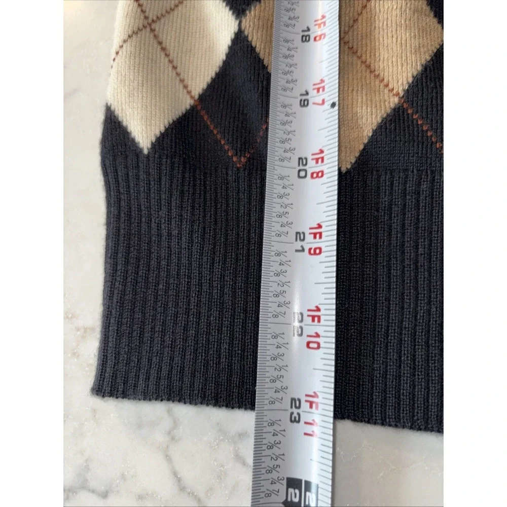 Talbots Womens L SWEATER Black Beige Argyle Bow Tie V Neck Italian Merino Wool